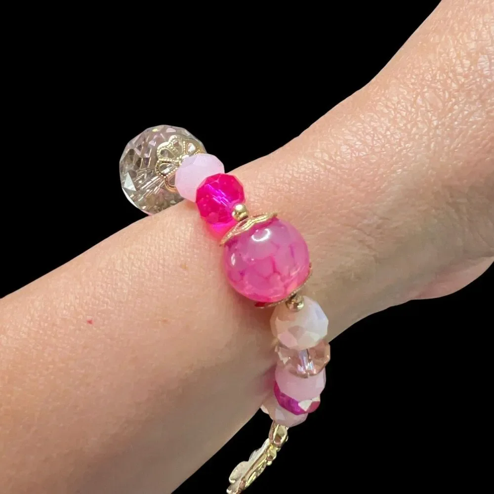 Natural Stone Beaded Bracelet Angel Charm‎ Stretch Pink Crystal Jewelry Women